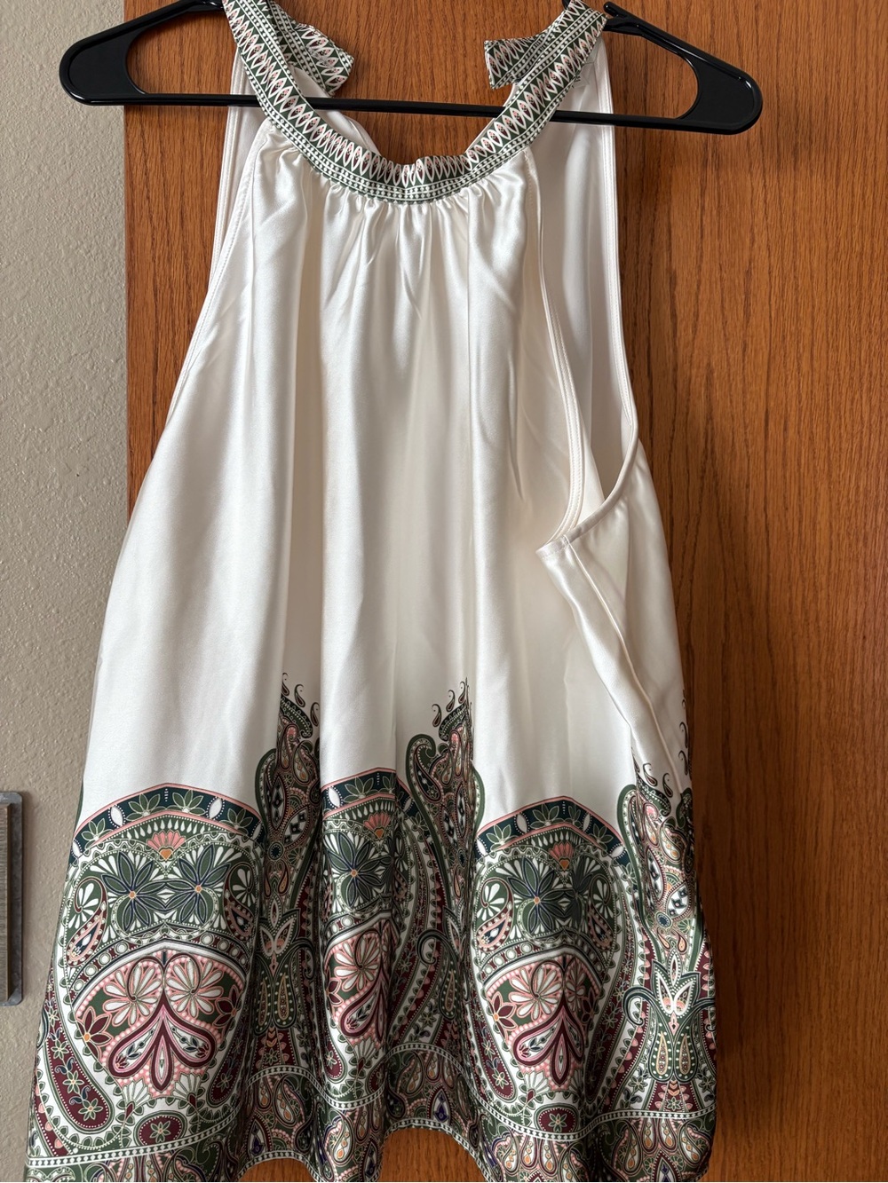 Liverpool White Halter Top with Green & Pink Paisley Trim